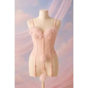 pink mesh corset with marabou feather trim